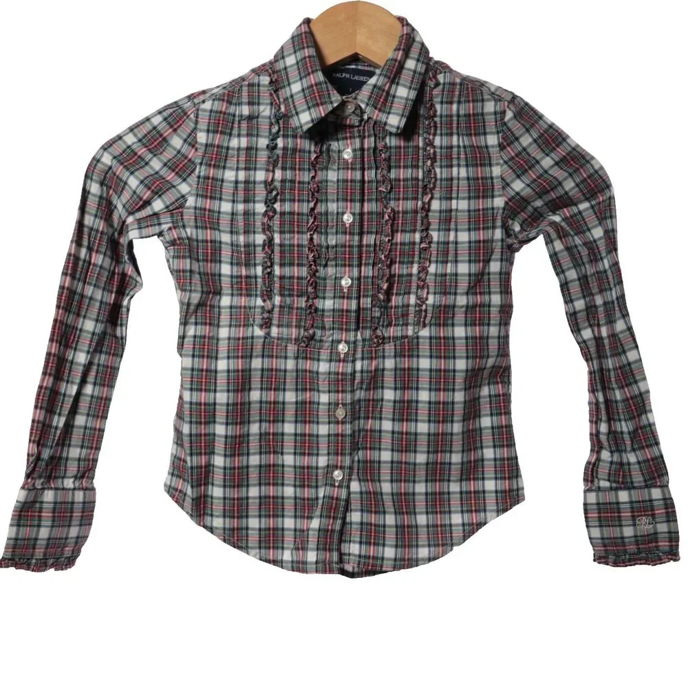 Ralph Lauren Girls 7 Shirt Ruffled Placket Plaid Long Sleeve Cowgirl Western